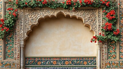 Ornate Mughal Garden frame with intricate floral patterns and delicate arches, surrounding a central blank space for text or images