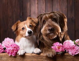 Two adorable dogs posing with pink flowers, rustic wooden backdrop. Friendship concept