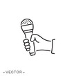 © Gilbert-Illustration - press conference icon, interview, journalism and reporting, hand holding interview microphone, thin line symbol isolated on white background, editable stroke eps 10 vector illustration