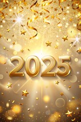 2025 Happy New Year banner with falling confetti 