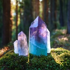 Wall Mural - excellent minerals towers close up in forest, mysterious natural background. fluorite quartz gemstones for Magic healing Crystal Ritual, Witchcraft. spiritual esoteric practice for soul, mind relax.