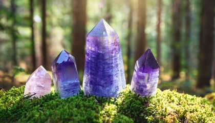 Wall Mural - excellent minerals towers close up in forest, mysterious natural background. fluorite quartz gemstones for Magic healing Crystal Ritual, Witchcraft. spiritual esoteric practice for soul, mind relax.