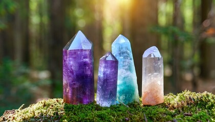 Wall Mural - excellent minerals towers close up in forest, mysterious natural background. fluorite quartz gemstones for Magic healing Crystal Ritual, Witchcraft. spiritual esoteric practice for soul, mind relax.