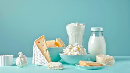 Canvas Print - Delicious dairy products including milk, cheese, and yogurt on a vibrant blue background. Perfect for a fresh breakfast or a healthy snack. Enjoy the variety and taste. AI