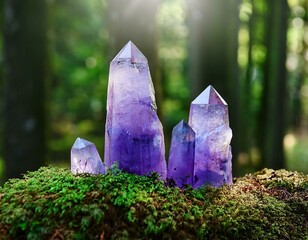 Wall Mural - excellent minerals towers close up in forest, mysterious natural background. fluorite quartz gemstones for Magic healing Crystal Ritual, Witchcraft. spiritual esoteric practice for soul, mind relax.