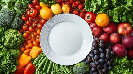 Wall Mural - A vibrant assortment of fresh fruits and vegetables arranged around an empty plate, showcasing healthy eating and nutrition.