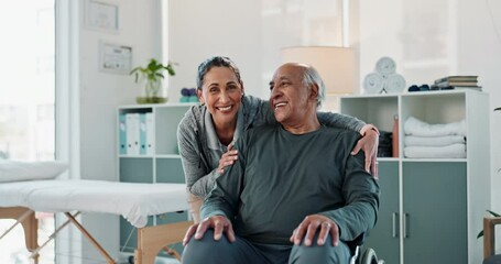 Wall Mural - Physiotherapist, senior man and happy in wheelchair for mobility therapy, rehabilitation and support in clinic. Medical portrait, physiotherapy or elderly patient for wellness consultation or healing