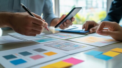 UX developer and ui designer brainstorming about mobile app interface wireframe design with customer breif and color code, User experience concept. 