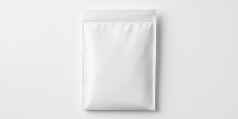 Wall Mural - a white, glossy paper pouch with a zipper, laying flat on a simple white background, ready for brand