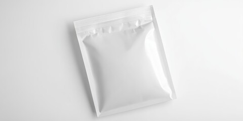 Wall Mural - a white, glossy paper pouch with a zipper, laying flat on a simple white background, ready for brand