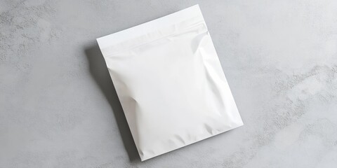 Wall Mural - a white paper pouch with a zipper, laying flat with soft shadows and realistic texture on a grey sur