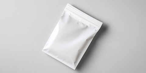 Wall Mural - a white paper pouch with a zipper seal, laying flat on a simple grey background, with realistic text