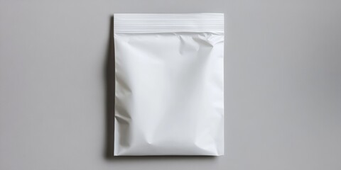 Wall Mural - a white paper pouch with a zipper seal, laying flat on a simple grey background, with realistic text