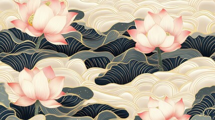 Wall Mural - Pink Lotus Flowers on Abstract Waves with Golden Accents