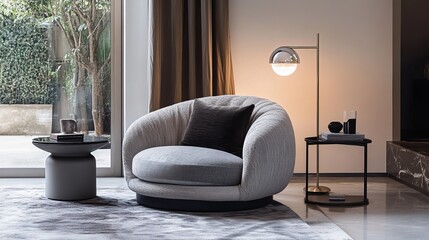 A comfy armchair sits in a modern living room, next to stylish side tables and a simple floor lamp.