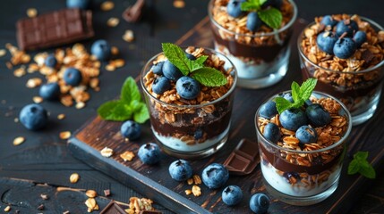 Sticker - Delicious blueberry dessert in small cups. Rich chocolate layers topped with fresh blueberries and crunchy granola. Perfect for a sweet treat. Great for parties and gatherings. AI