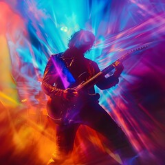 Electrifying Guitar Solo Amid Pulsing Vibrant Stage Lights in Dynamic Futurist Composition