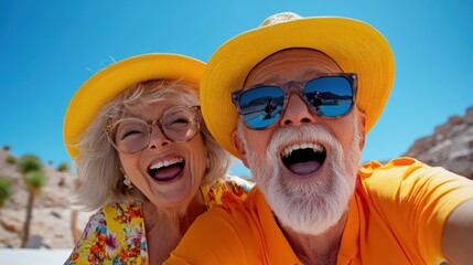 Wall Mural - A man and woman wearing hats taking a selfie together, AI