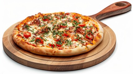 Poster - Delicious pizza with fresh toppings showcased on a wooden serving board. The melted cheese and vibrant vegetables create an appetizing appeal. Perfect for food lovers. AI