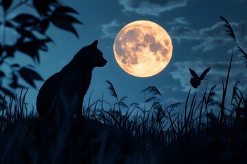 Wall Mural - Wolf Silhouetted Against the Full Moon