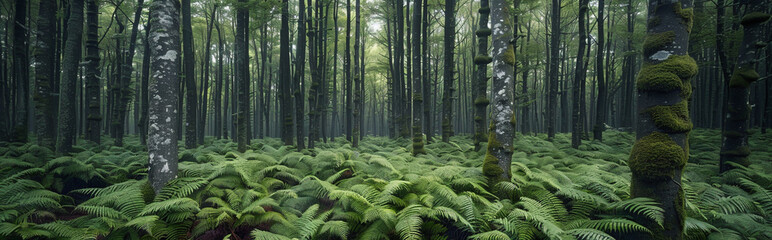 Canvas Print - Serene Forest with Lush Ferns and Moss-Covered Trees Creating a Green Paradise