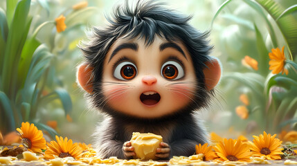 A cute character with big eyes and fluffy hair, surrounded by flowers and holding a snack.