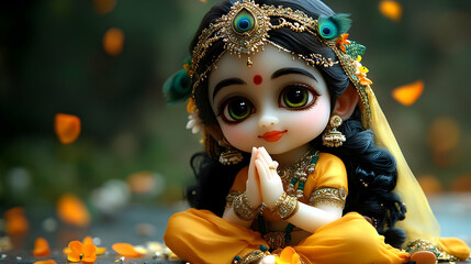 A cute depiction of a child-like figure in traditional attire, with a serene expression.