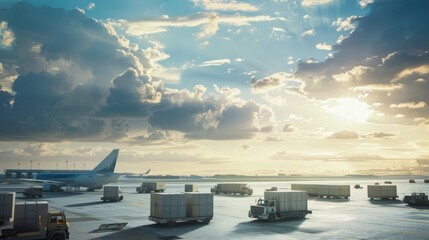 Cargo trucks and airplanes populate a busy airport tarmac under a vast sky, with dramatic cloud formations as the sun sets.