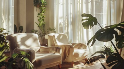 Canvas Print - Sunlit living room with cozy armchairs, lush green plants, and light streaming through large windows, creating a tranquil indoor oasis.