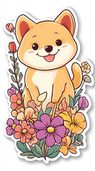 shiba inu dog cute animal puppy flowers nature cartoon illustration pet happy smiling adorable playful doodle vibrant colors artwork floral design kawaii 