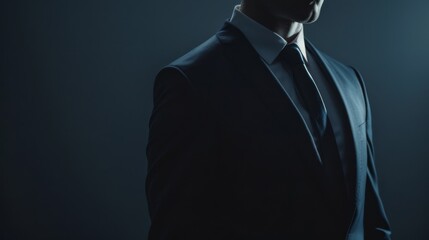 partial view of a man in a suit against a minimalist dark background, emphasizing the smart and form