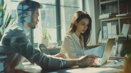 Two people working together in a sunlit office, exhibiting collaboration and productivity amidst a serene and organized environment.