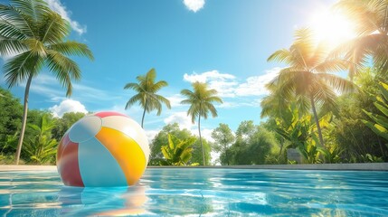 Beach ball floating in a swimming pool with palm trees and sunny sky in the background.