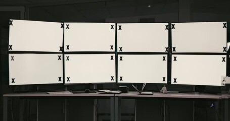 Poster - Office, computer monitor and screen with tracking markers on mockup for trading, research and info. Business, interior and tech with space for financial, cryptocurrency and online exchange platform