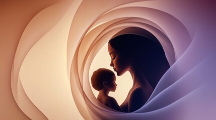 Canvas Print - A woman and child in a swirl of colors with the words motherhood, AI