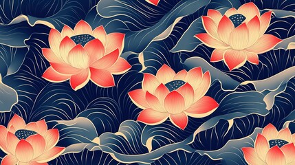 Sticker - Intricate Pattern of Pink Lotus Flowers on Blue Background