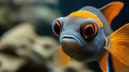 Poster - A close up of a fish with orange eyes and black fins, AI