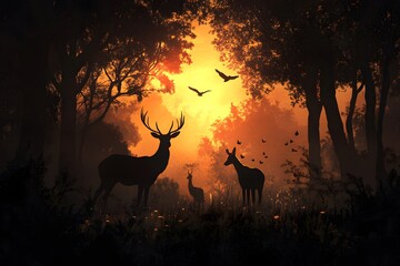 Poster - Silhouettes of Deer in a Misty Forest at Sunset