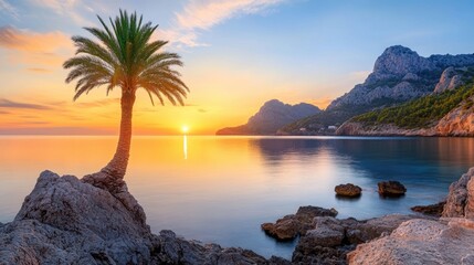 Sticker - A lone palm tree on a rocky shore at sunset, AI