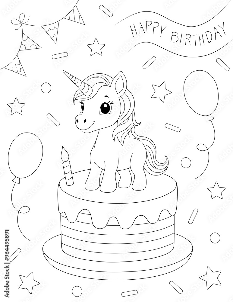 Unicorn Happy Birthday Coloring Page