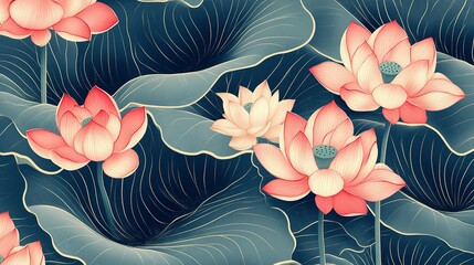 Canvas Print - Pink Lotus Flowers and Golden Veined Leaves on a Deep Blue Background