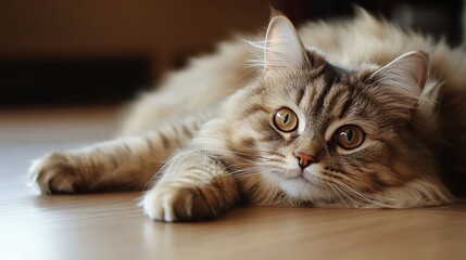 A fluffy Siberian cat with brown eyes relaxes on the floor.  This cute cat has long hair and pointy ears.