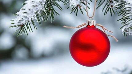 Poster - A red christmas ornament hanging from a tree branch, AI