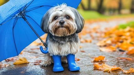 Poster - A small dog with blue rain boots and an umbrella on a leaf covered ground, AI