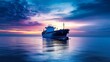© Elshad Karimov - A vast blue merchant cargo ship sails through the serene ocean, its colossal silhouette dominating the horizon. The vessel serves as a vital link in global trade, facilitating the export