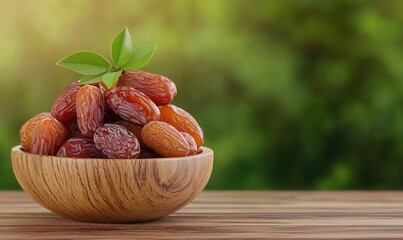 A wooden bowl filled with fresh, ripe dates on a wooden surface with a green blurred background, representing healthy and natural food.