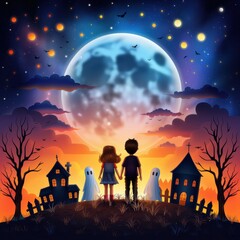 Wall Mural - Halloween Night With Full Moon  Ghosts  and Children