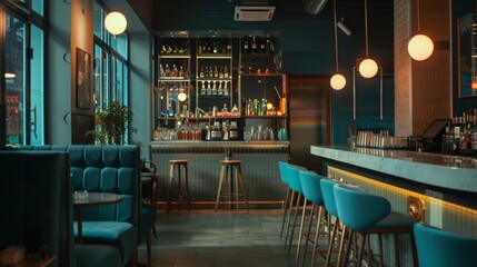 A cozy, stylish bar exuding a warm ambiance with teal barstools, wooden accents, and a well-stocked back bar illuminated by soft lighting.