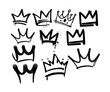 © Alies zahra - Vector spray paint graffiti crowns set. Black painted ink king, queen or prince crown isolated on white background. Hand drawn princess tiara. Grunge airbrush street art, inky royal logo with splashes