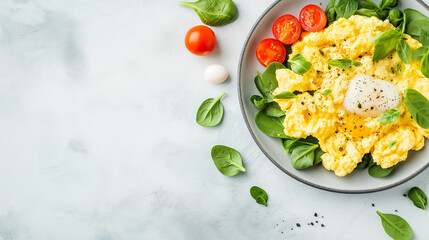 Plate of scrambled eggs with spinach and tomato